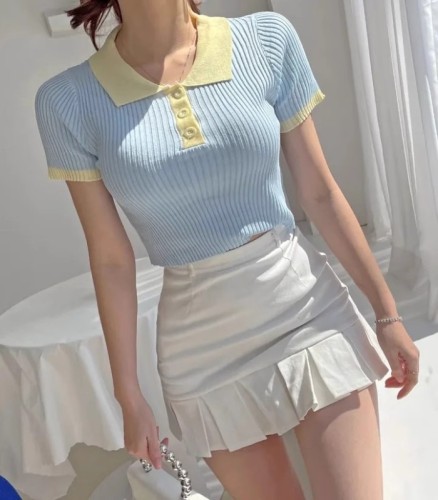 韩版INS风纯欲POLO领针织衫短袖T恤女装夏季甜美短款修身显瘦上衣