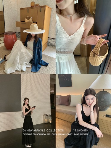 Xiaoyi Customized Houhai Beach Dress Woolen Vest Spliced ​​Fake Two-Piece Suspender Dress Mid-Length Skirt Summer