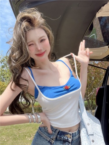 #realshot#Niche American hot girl contrasting color embroidery splicing camisole female tube top slim short top