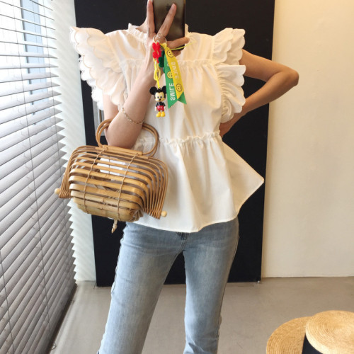 Korean style cute French design casual stand collar white plaid ruffled flying sleeves shirt top