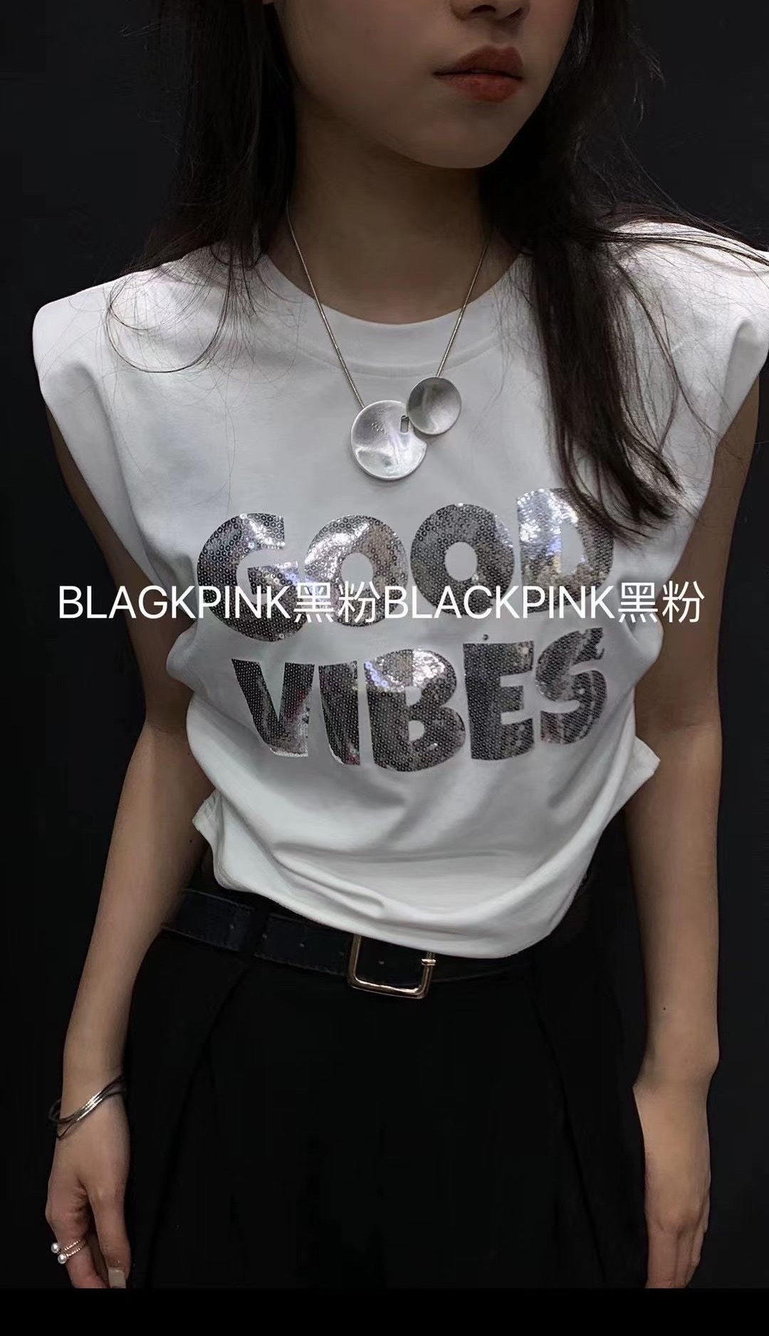 設計感無袖墊肩字母燙金印花背心女夏韓版修身褶皺時尚小個子上衣