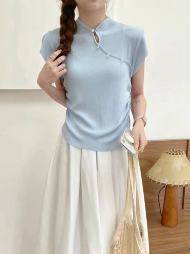 New Chinese style Chinese style disc button stand collar short-sleeved T-shirt for women gentle style slimming temperament short pleated ice silk sweater