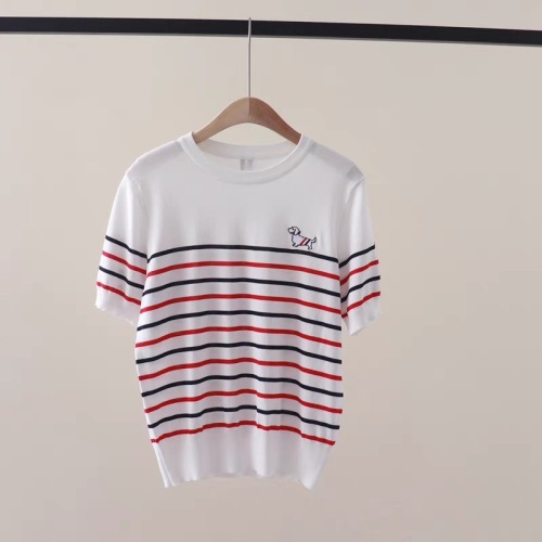 2024 new summer style navy style contrast stripe embroidered puppy round neck pullover short-sleeved ice silk knitted T-shirt top