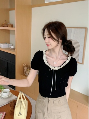 Lace short-sleeved hollow bow T-shirt for women summer sweet slim bottoming shirt with short top