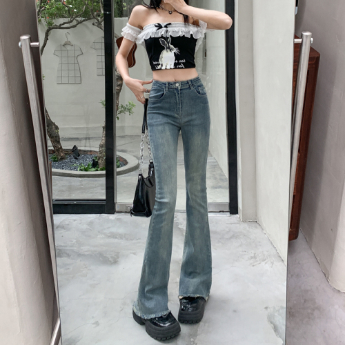 Real shot of high-quality retro laden jeans hot girl-like raw edge high-waist slim fit versatile bell-bottom pants for women
