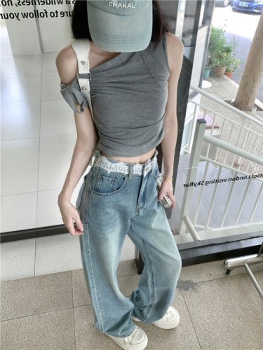 Photographed~ Custom Lace Waist Small Sparkling Diamond Straight Leg Loose Wide Leg Pants for Women Spring and Autumn Style