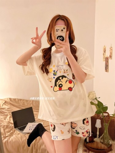 Japanese cute Crayon Shin-chan couple pajamas for women summer Internet celebrity style 2024 new pure cotton short-sleeved home clothes