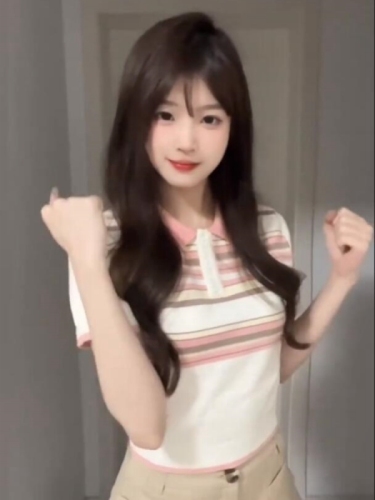 Korean sweet girl's right shoulder polo collar short-sleeved T-shirt women's summer design contrasting striped knitted short top