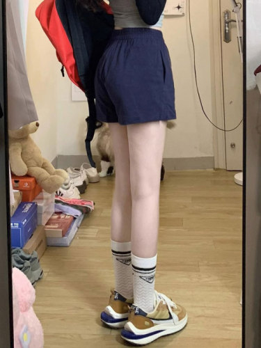 纯棉华棉美式藏青色运动短裤女夏季2024新款小个子三分裤