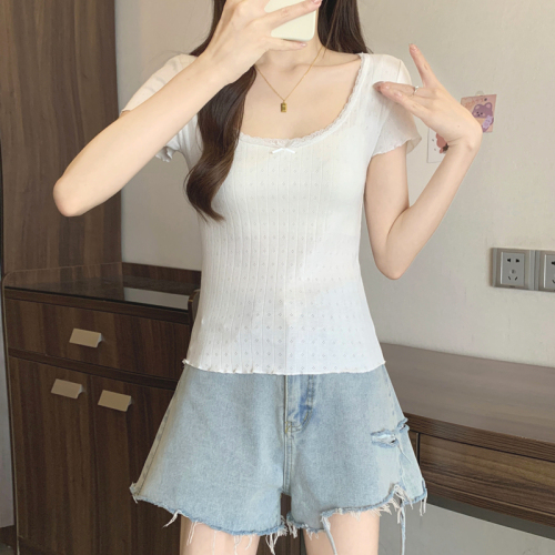 Real shot 40 count pure cotton jacquard lace 2024 summer new style lace hollow short-sleeved T-shirt for women niche