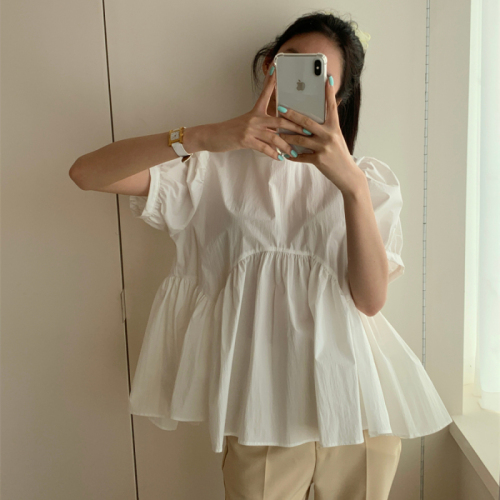 Korean version of the discreet lace-up bow-knot sweet age-reducing loose round-neck puff-sleeve shirt top