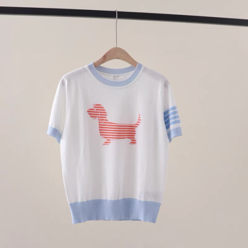 2024 new summer style neckline pinstripe color-blocking jacquard puppy short-sleeved pullover ice silk knitted T-shirt top