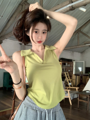 實拍~純欲風翻領無袖打底背心女短款上衣辣妹