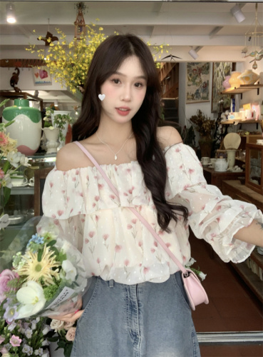 Super fairy French floral polka dot short-sleeved chiffon shirt 2024 one-line collar off-shoulder loose ruffled top real shot