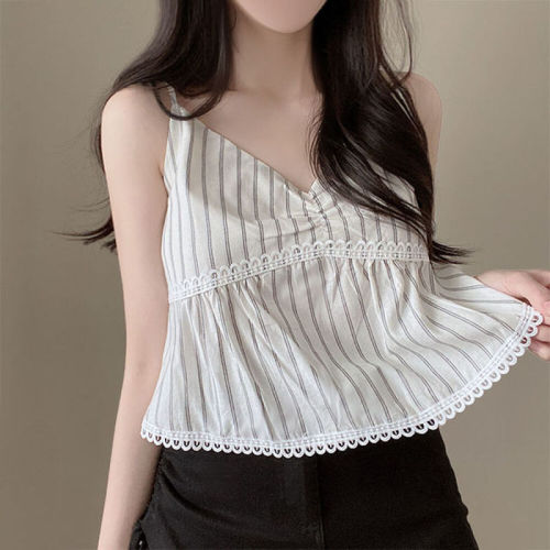 Korean chic spring and summer lace patchwork striped camisole