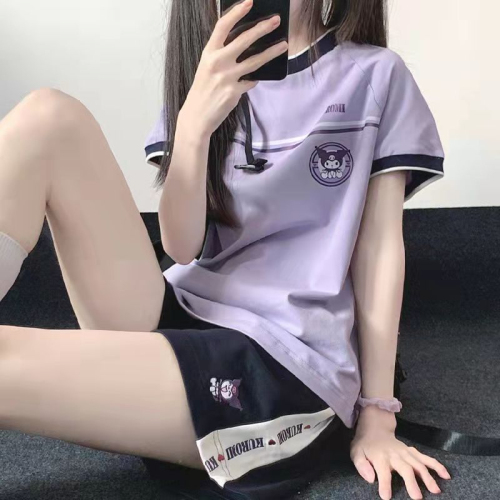 Kuromi Purple Sports Suit Women's 2024 Summer Student Casual Sportswear Short Sleeve Shorts Two-piece Set