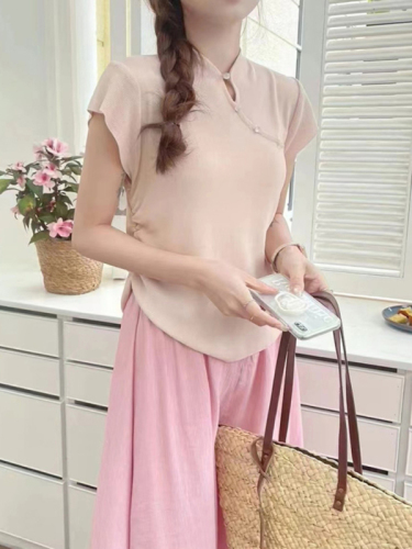 New Chinese style Chinese style disc button stand collar short-sleeved T-shirt for women gentle style slimming temperament short pleated ice silk sweater