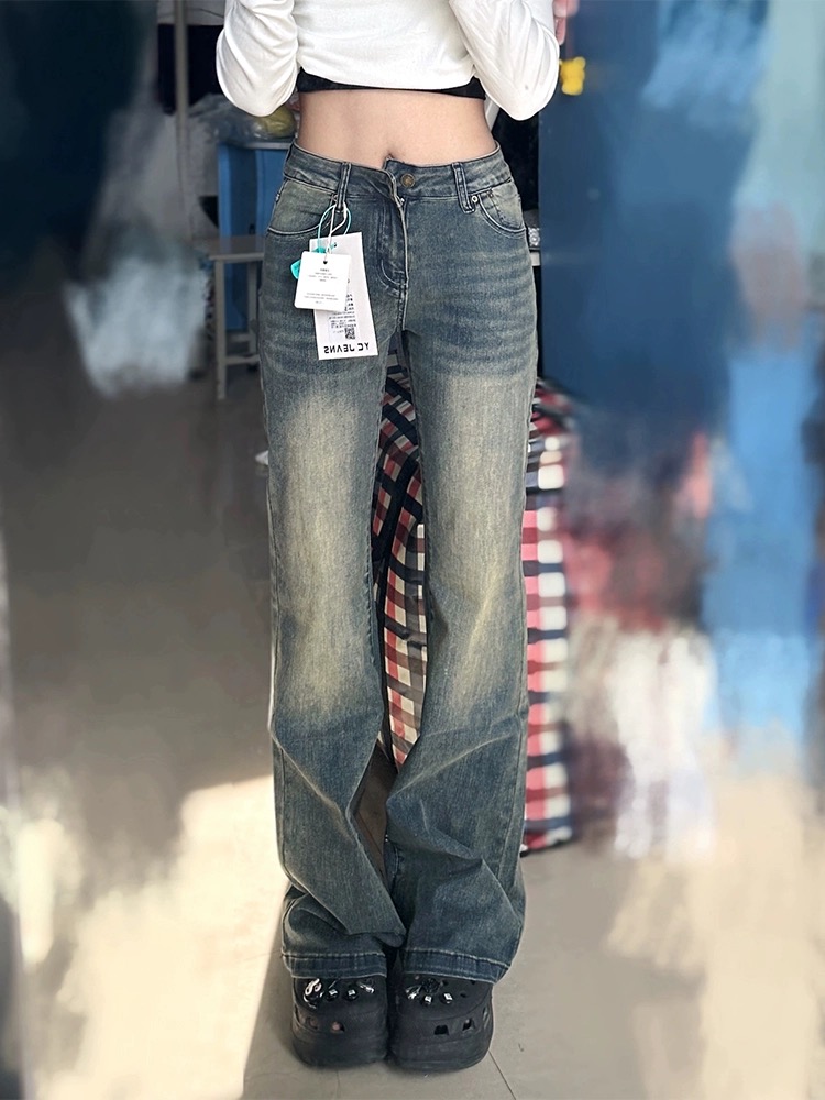 美拉德做舊微喇牛仔褲女春季新款高腰彈力緊身顯瘦直筒喇叭褲子潮