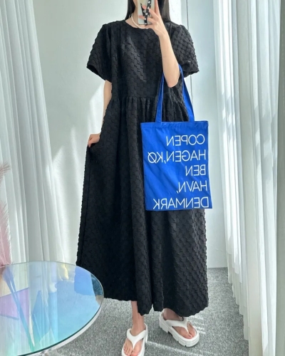 尺寸已更新 chic 韩版夏日甜美减龄圆领泡泡格时尚休闲短袖连衣裙