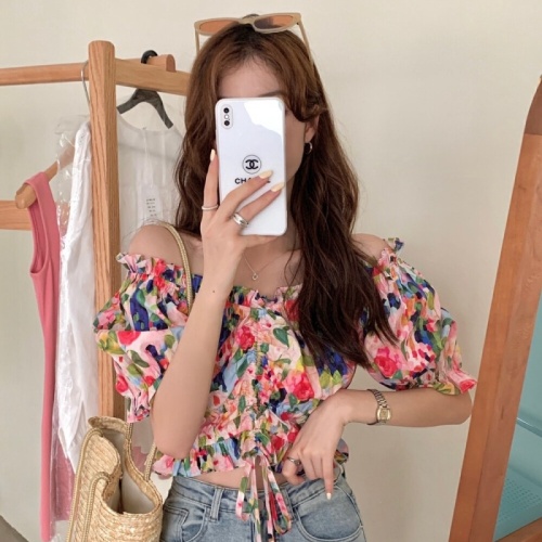 Korean style French style sweet temperament age-reducing floral lace-up shirt puff-sleeved short shirt top