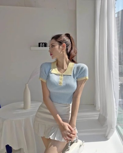 韩版INS风纯欲POLO领针织衫短袖T恤女装夏季甜美短款修身显瘦上衣