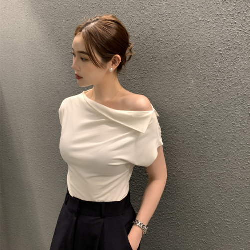Korean chic summer simple temperament fashionable design slim sloping shoulder short-sleeved T-shirt top
