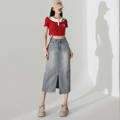 2024 Embroidered Spring and Summer Denim Skirt for Women High Waisted Loose Slim Mid-Length Hip Skirt Jeans for Women