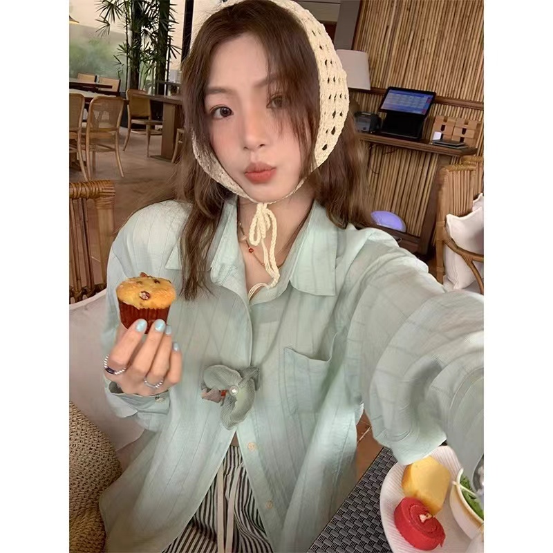 曼波綠棉麻條紋防曬襯衫女夏季吊帶外搭寬鬆百搭薄款開衫襯衣外套