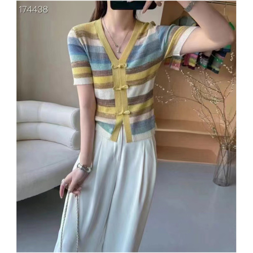 This year's popular new Chinese style disc button V-neck slim sweater summer women's colorful striped ice silk short-sleeved top
