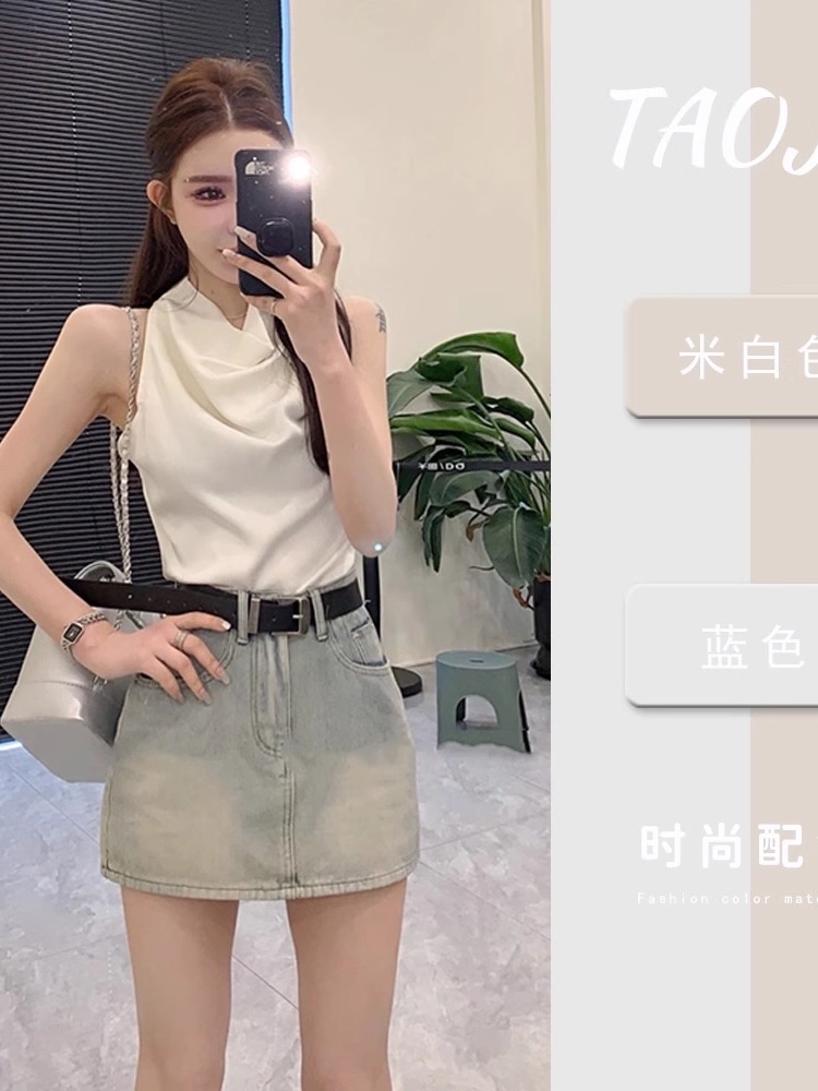 純欲掛脖無袖背心T恤女夏季2024新款小眾高級感顯瘦百搭短款上衣