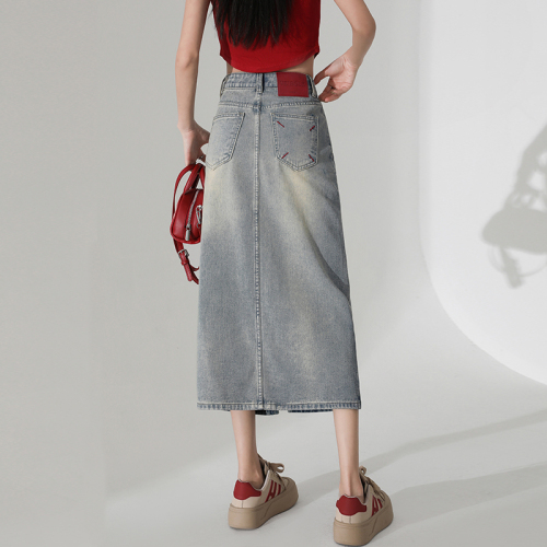 2024 Embroidered Spring and Summer Denim Skirt for Women High Waisted Loose Slim Mid-Length Hip Skirt Jeans for Women