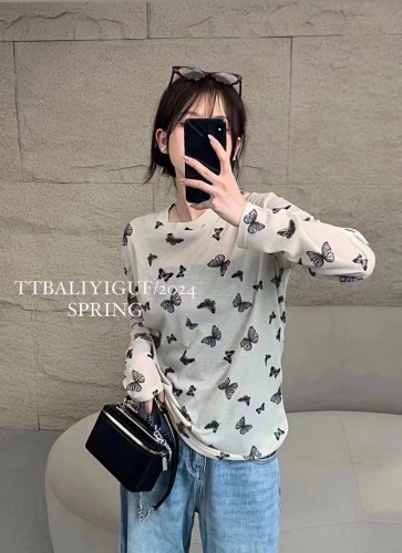 Butterfly Print Round Neck Versatile Long Sleeve Slim T-Shirt Women's Spring Slim Casual Bottoming Top