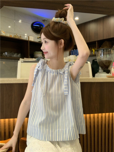 Actual shot~Summer new Korean style lace-up bow striped babydoll shirt for women