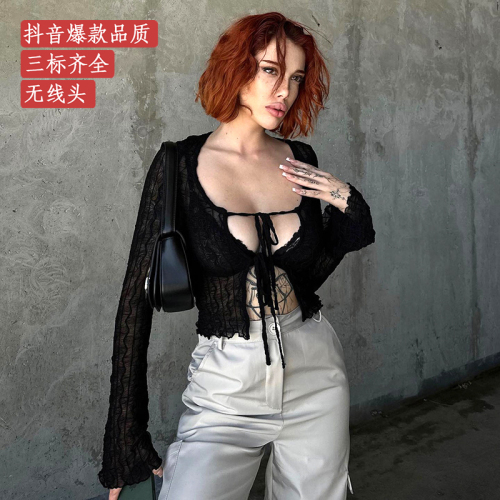 Complete three standards~European and American sexy and hot black mesh translucent lace-up long-sleeved cardigan slim fit versatile top