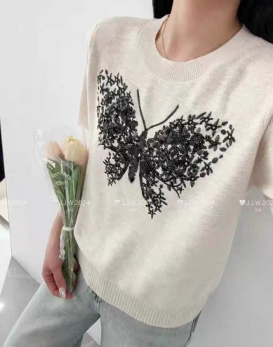 欧货冰丝针织t恤女夏季2024年新款韩版重工刺绣蝴蝶短袖冰凉上衣