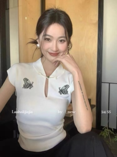 New Chinese style white embroidered hollow small flying sleeves knitted t-shirt for women summer ice silk thin slim fit top