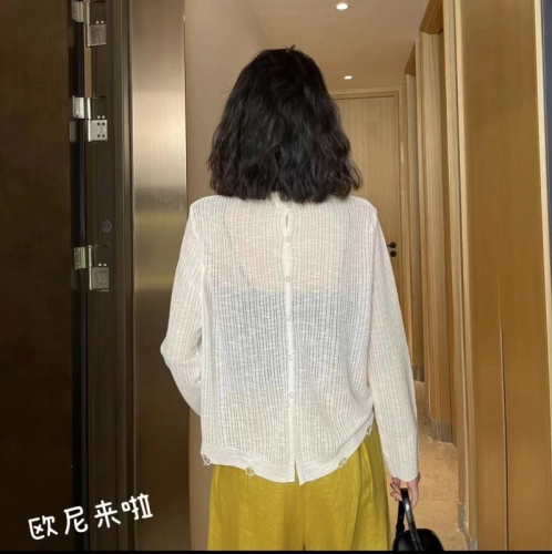 欧尼家夏款反扣长袖镂空薄款气质针织衫女时尚慵懒风上衣