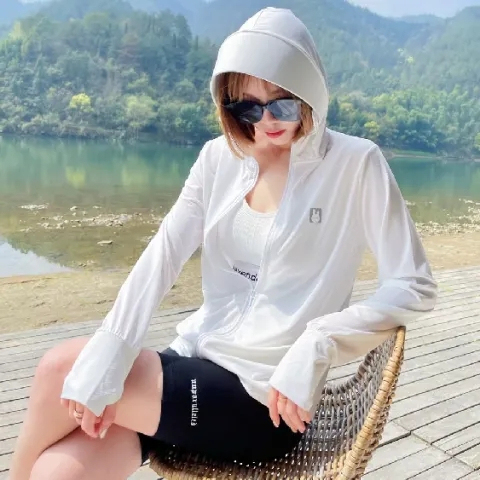 韩版 夏季新款开衫拉链透气冰凉舒适连帽防晒衣外套女