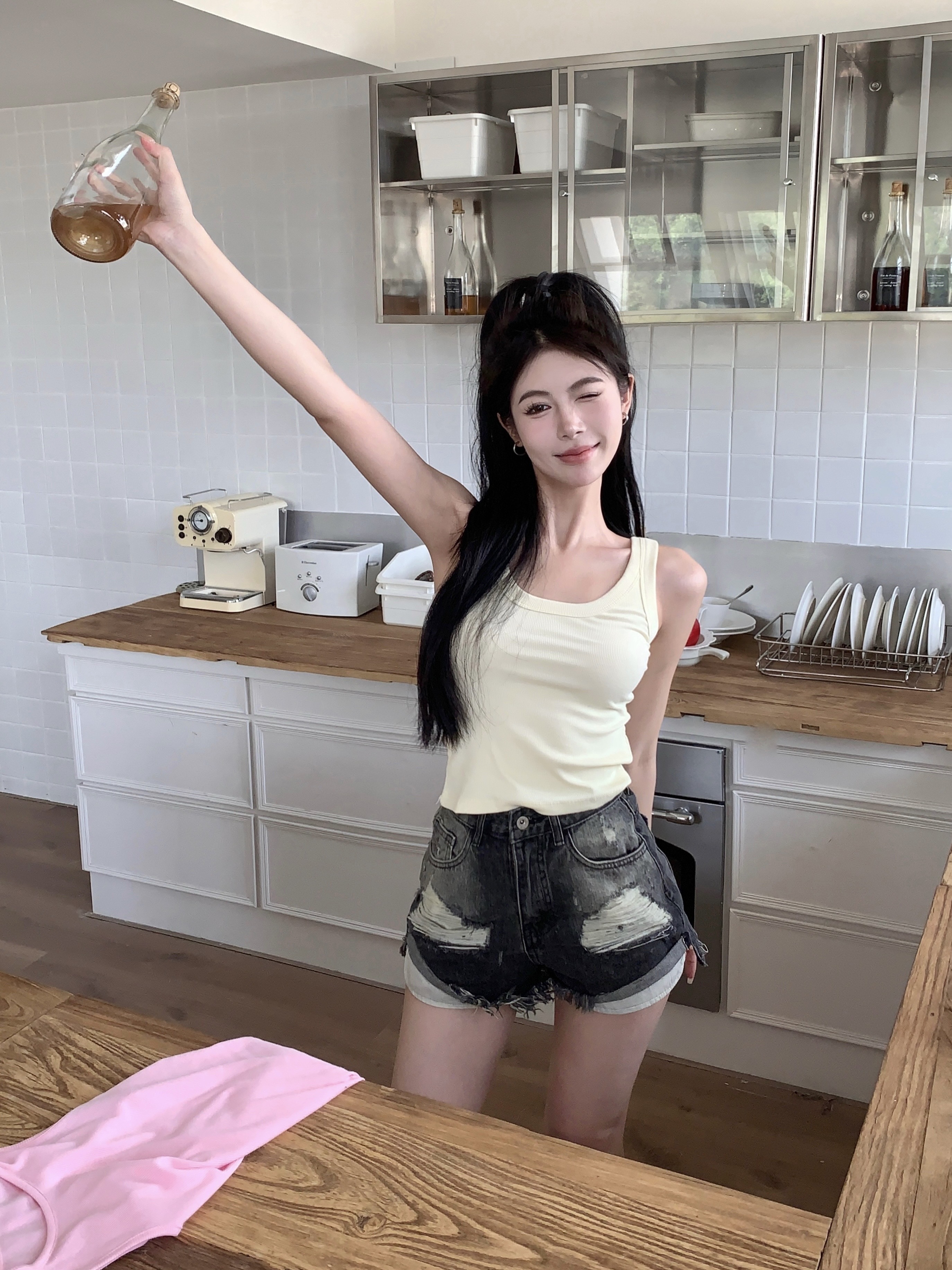 Actual shot of stretchy slim solid color vest top + high waist ripped hottie washed denim shorts suit for women