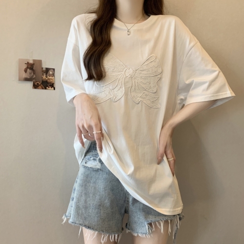 Actual shot of 21-count pure cotton high-density 2024 summer embroidered bow short-sleeved T-shirt for women