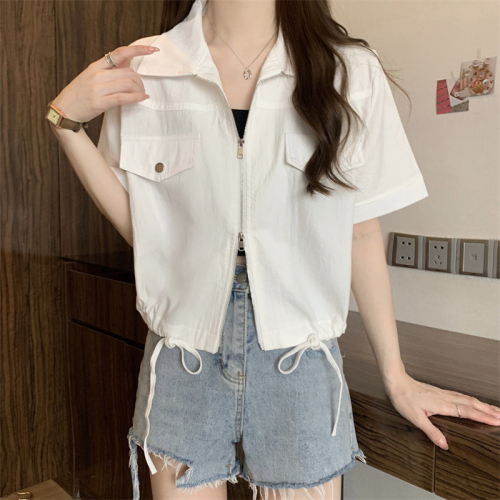 韩国东大门正肩工装上衣女夏季新款大码显瘦设计感双拉链Polo衬衫
