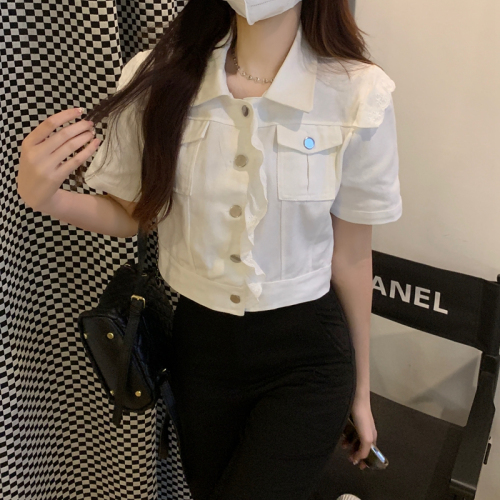 Real shot of pure cotton 2024 summer new short-sleeved rose lace workwear denim tops for women versatile white shirts for women