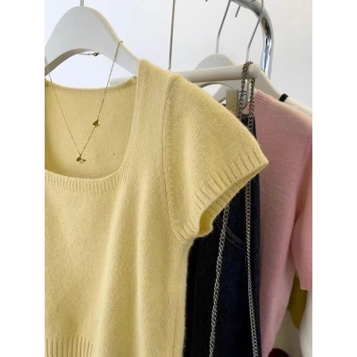 Orange square neck short-sleeved wool sweater for women early autumn 2024 new inner layered shirt sweater small flying sleeve top