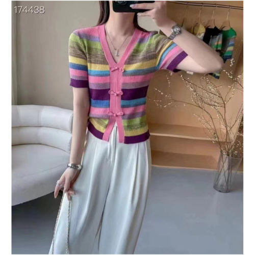 This year's popular new Chinese style disc button V-neck slim sweater summer women's colorful striped ice silk short-sleeved top