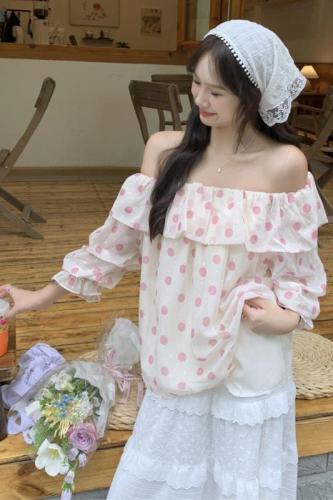 Super fairy French floral polka dot short-sleeved chiffon shirt 2024 one-line collar off-shoulder loose ruffled top real shot