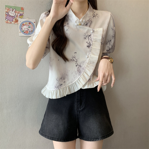 Actual shot of new Chinese style pearl button shirt design short-sleeved shirt unique short top