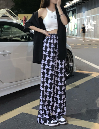 Actual shot of high-waist casual pants, loose printed drapey straight wide-leg pants