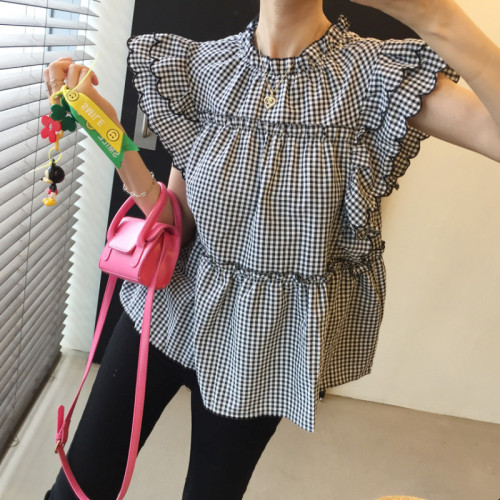 Korean style cute French design casual stand collar white plaid ruffled flying sleeves shirt top