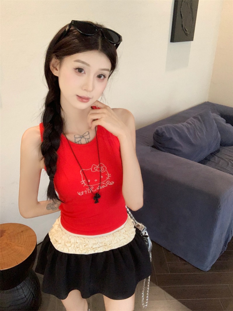 Real shot~Slim fit short bust pad hot girl top girl sparkling diamond cross backless vest