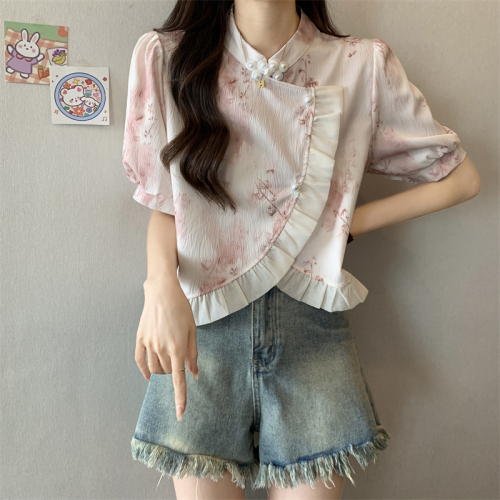 Actual shot of new Chinese style pearl button shirt design short-sleeved shirt unique short top